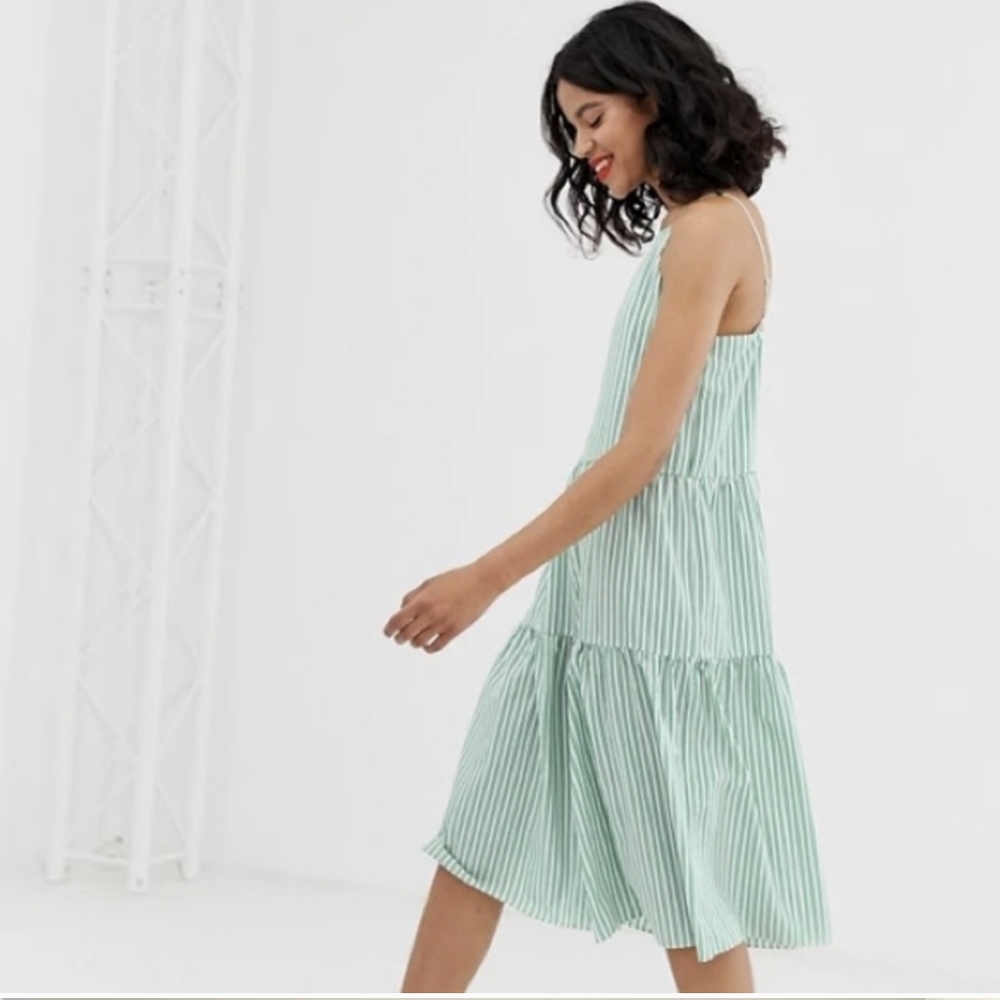 NWT & Other Stories Sz 10 Green & White Striped Pleated Midi Dress